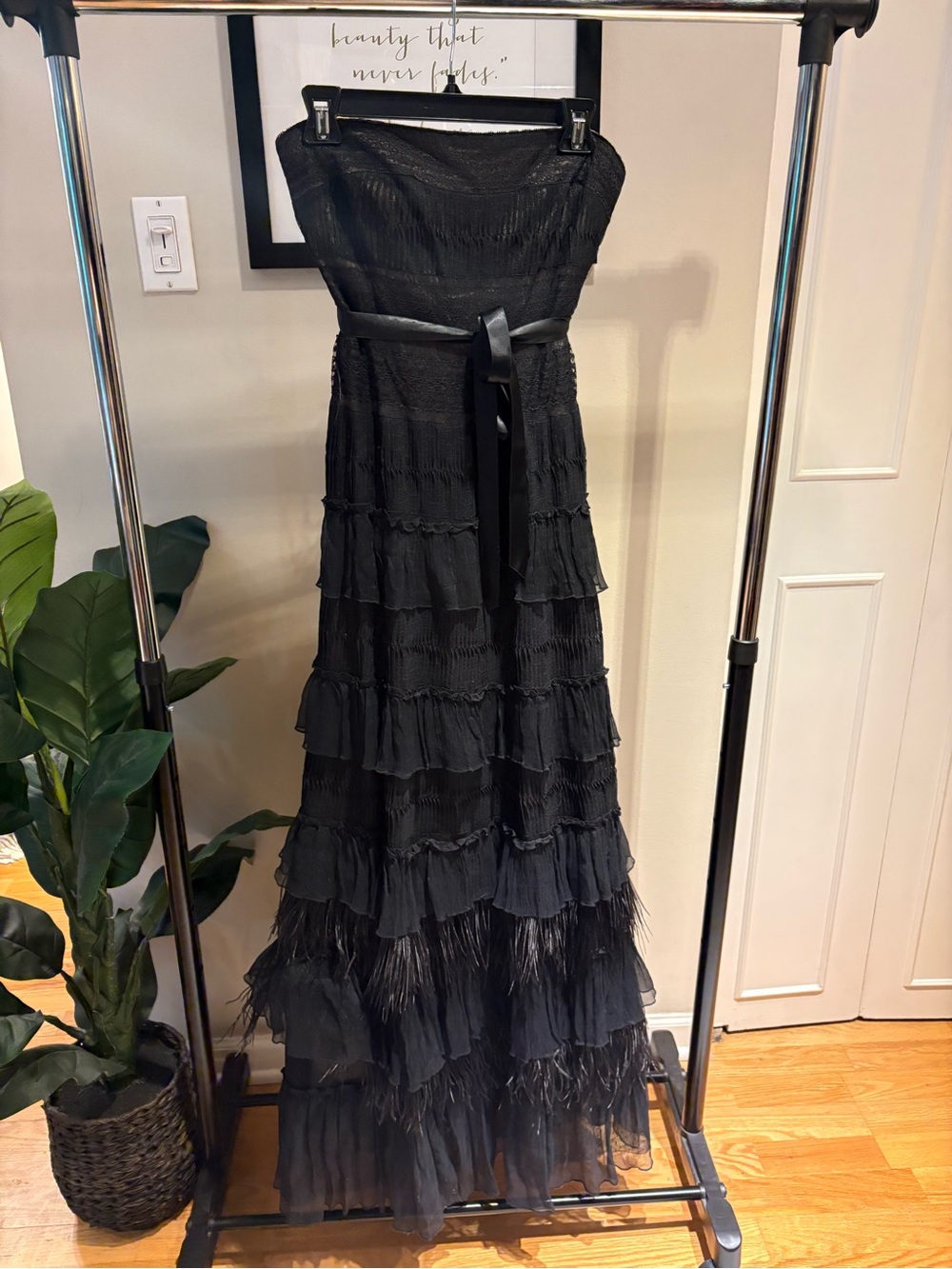 BCBGMaxAzria Black Strapless Tiered Ruffle Gown Feather Trim - Size 2